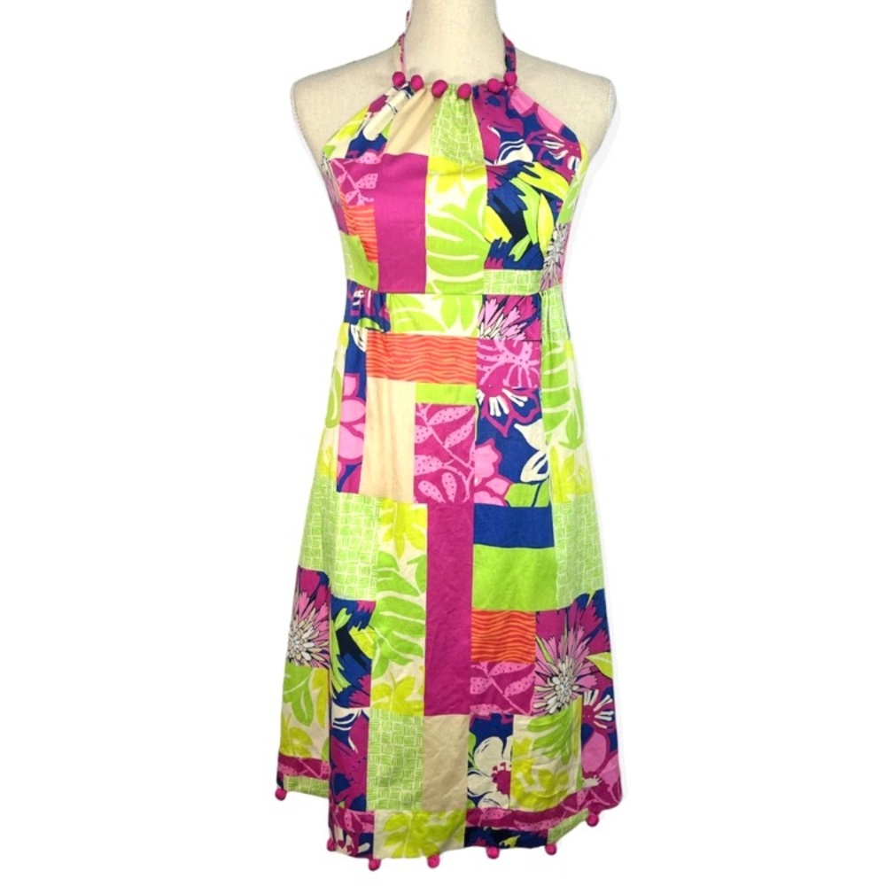 Lilly Pulitzer Brighton Halter Dress Women’s Size 2 Patchwork Print Pom Pom Hem